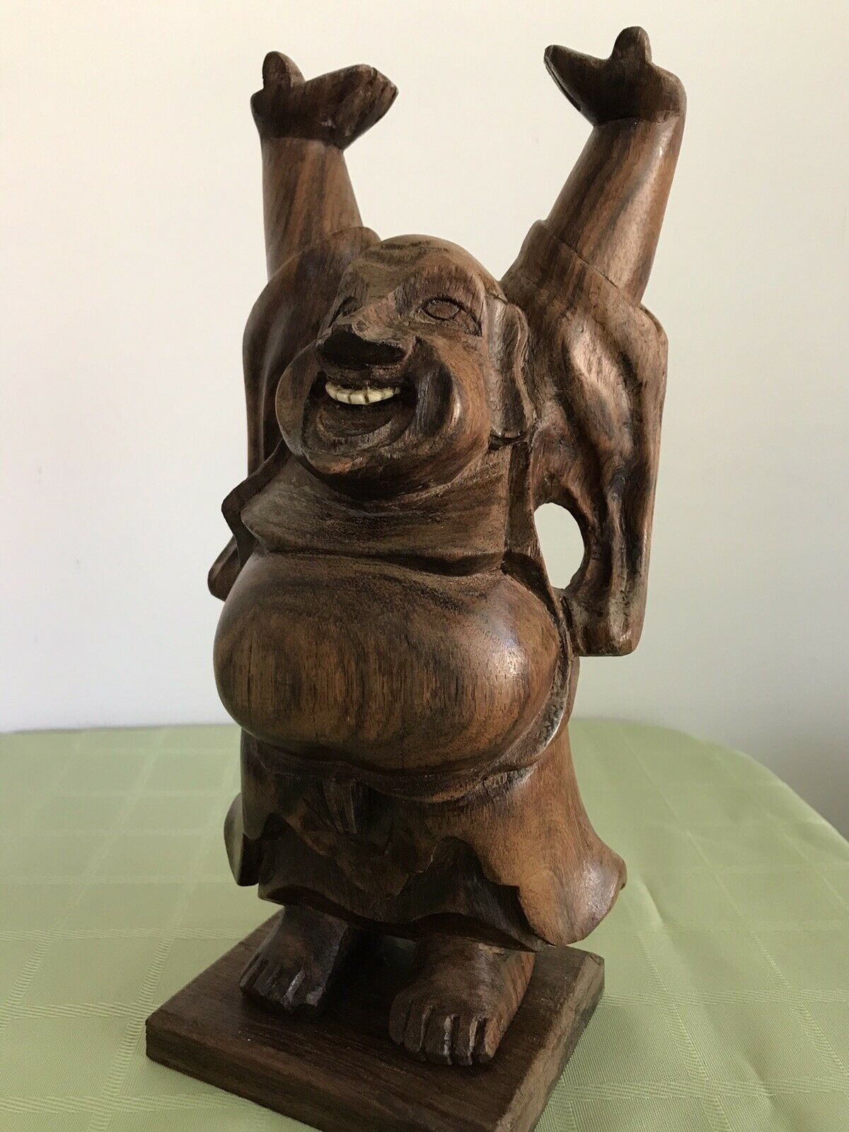 Vtg Happy Buddha Wooden Hand Carved Arms Up 10”